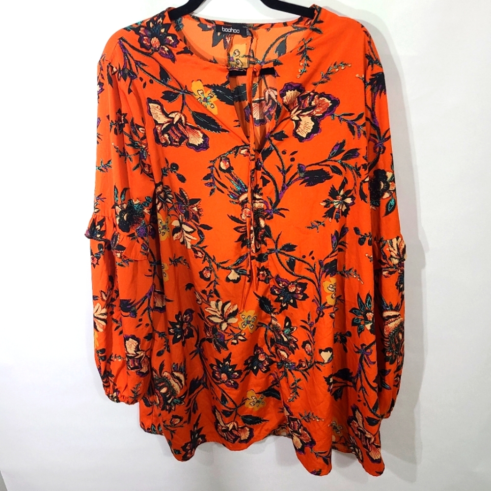 Boohoo Women's Size 10 Orange Floral Blouse Long Sleeve/Tunic Ruffles Office